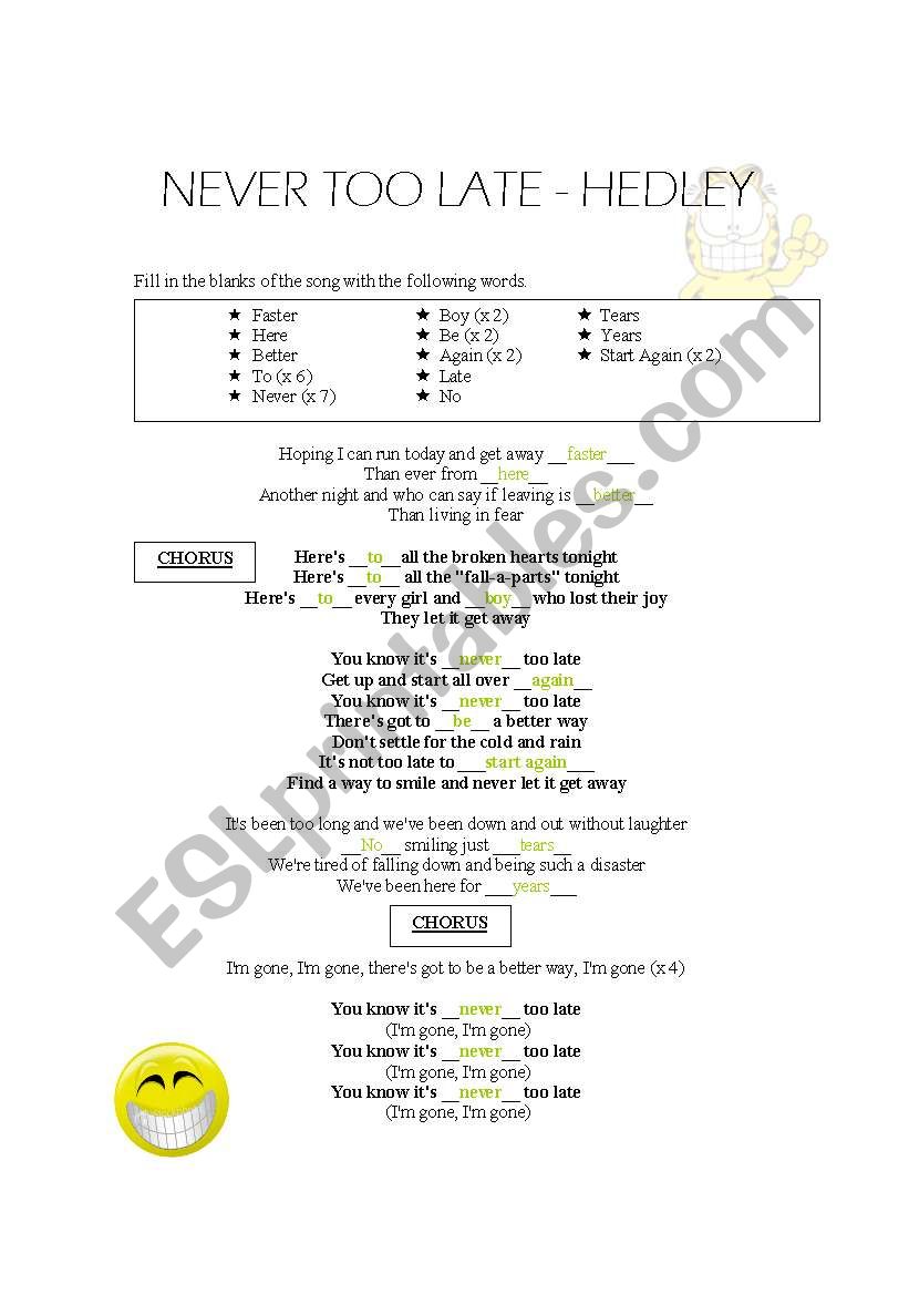 Song - Never Too Late worksheet