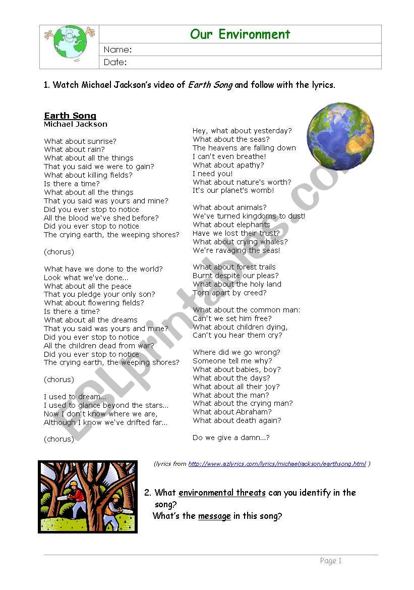 Earth Song - Environment worksheet