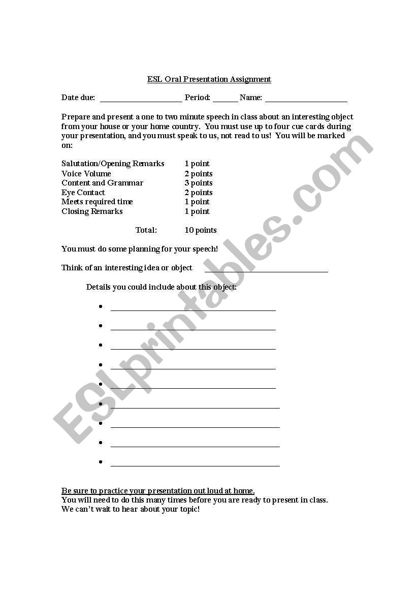 Oral presentation directions worksheet