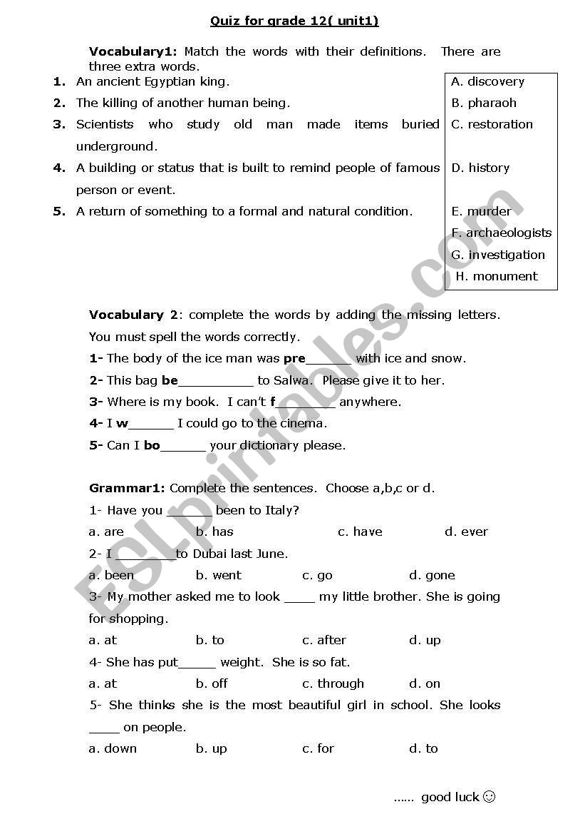 GRAMMAR AND VOCAB worksheet