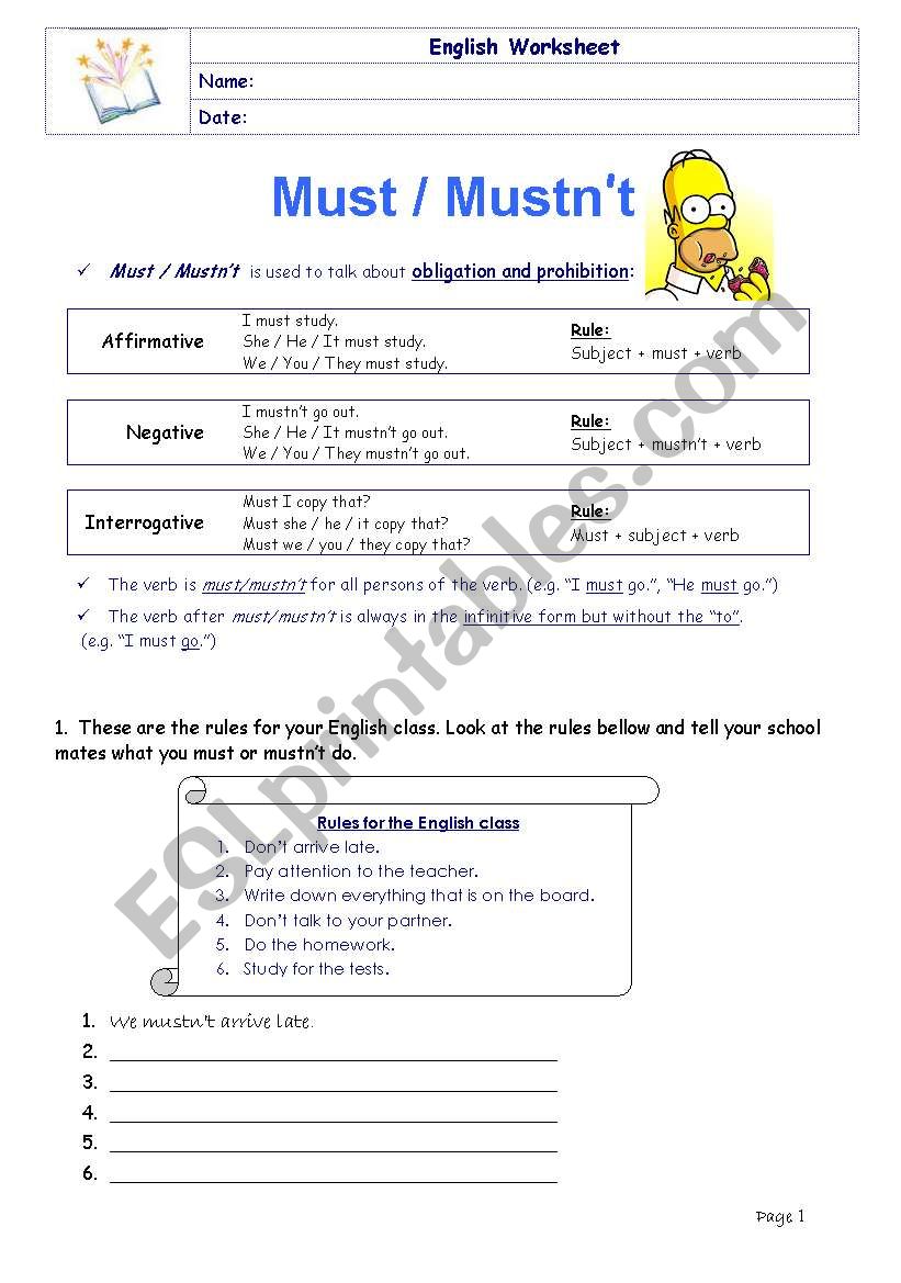 Must/ Mustnt  worksheet