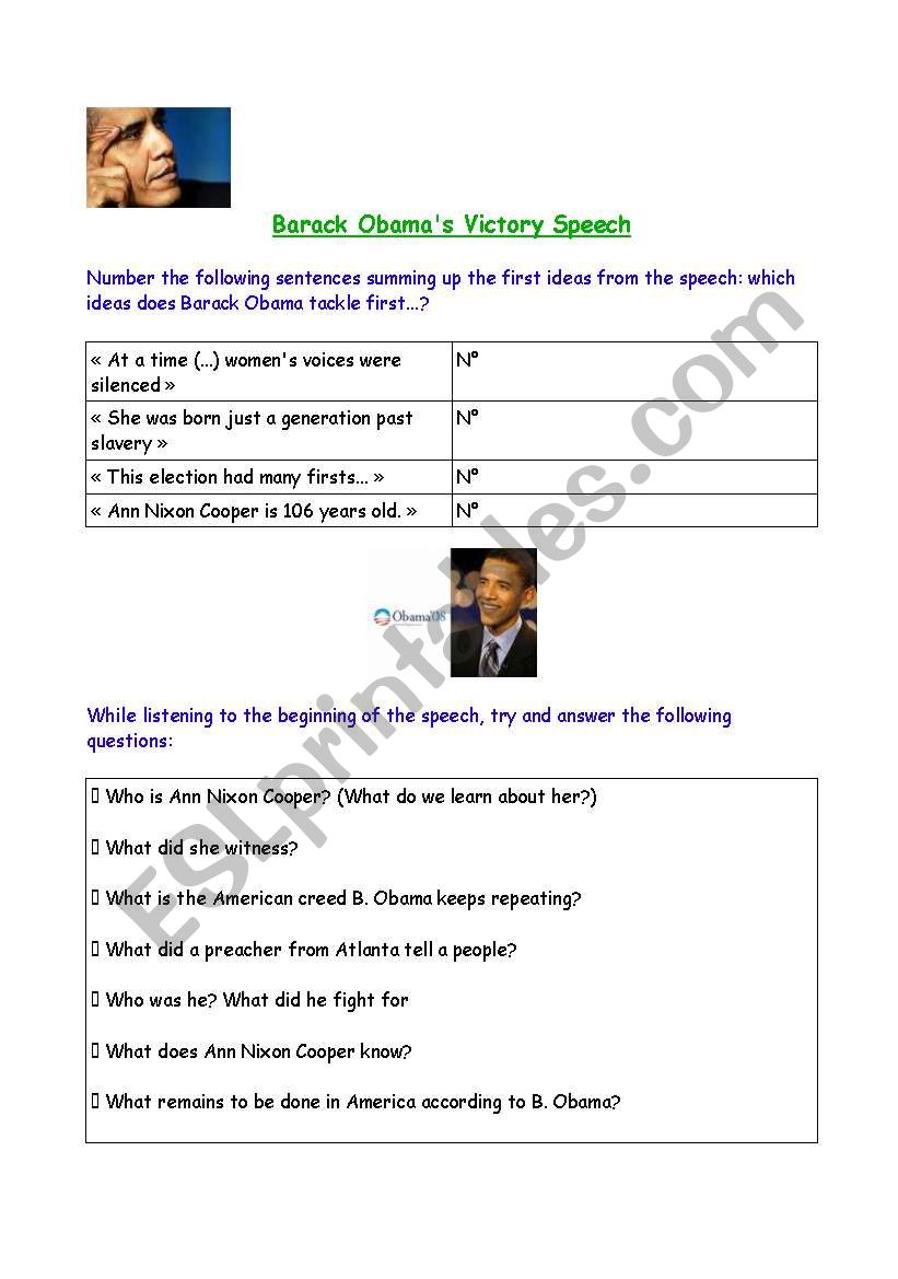 ObamaÂ´s victory speech (worksheet + TeacherÂ´s notes)