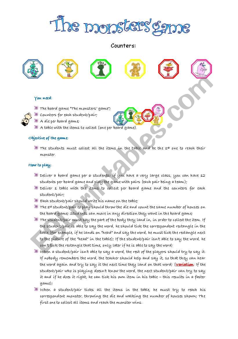 The monstersÂ´ game 2/2 worksheet