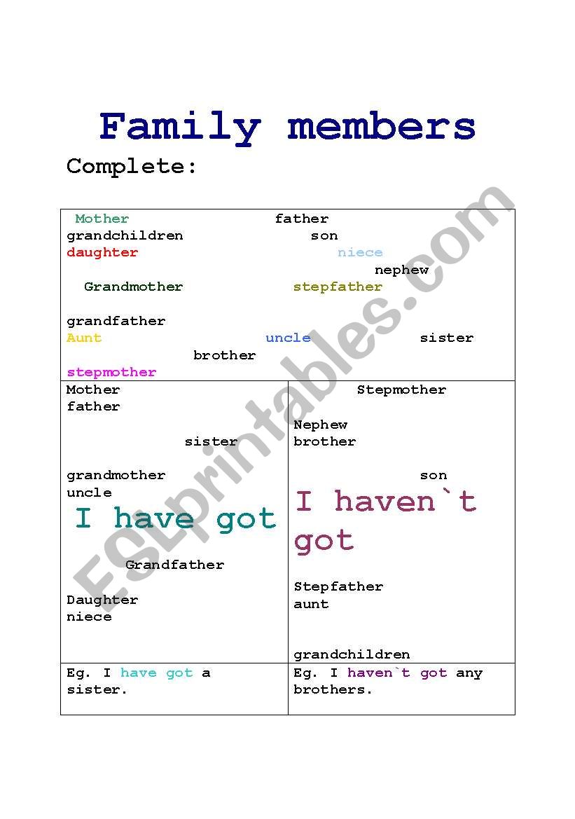 Family members worksheet