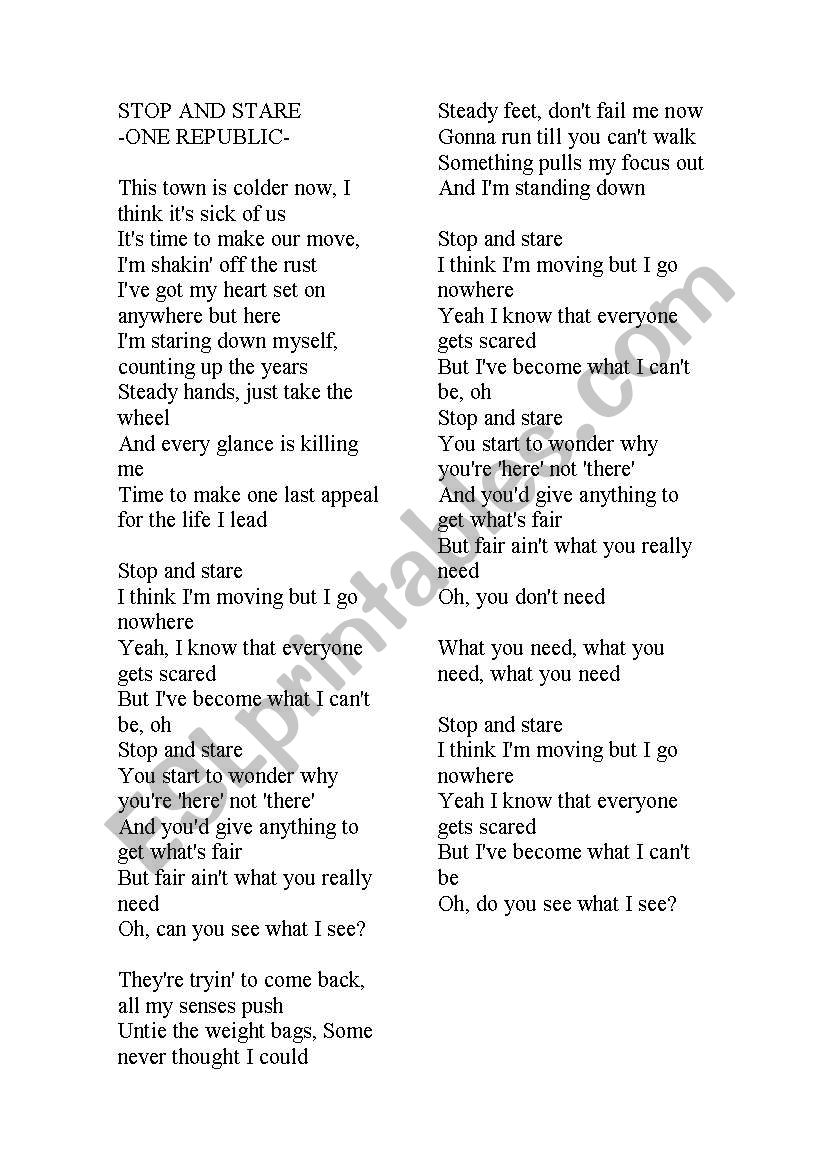 Stop and stare- One Republic  worksheet