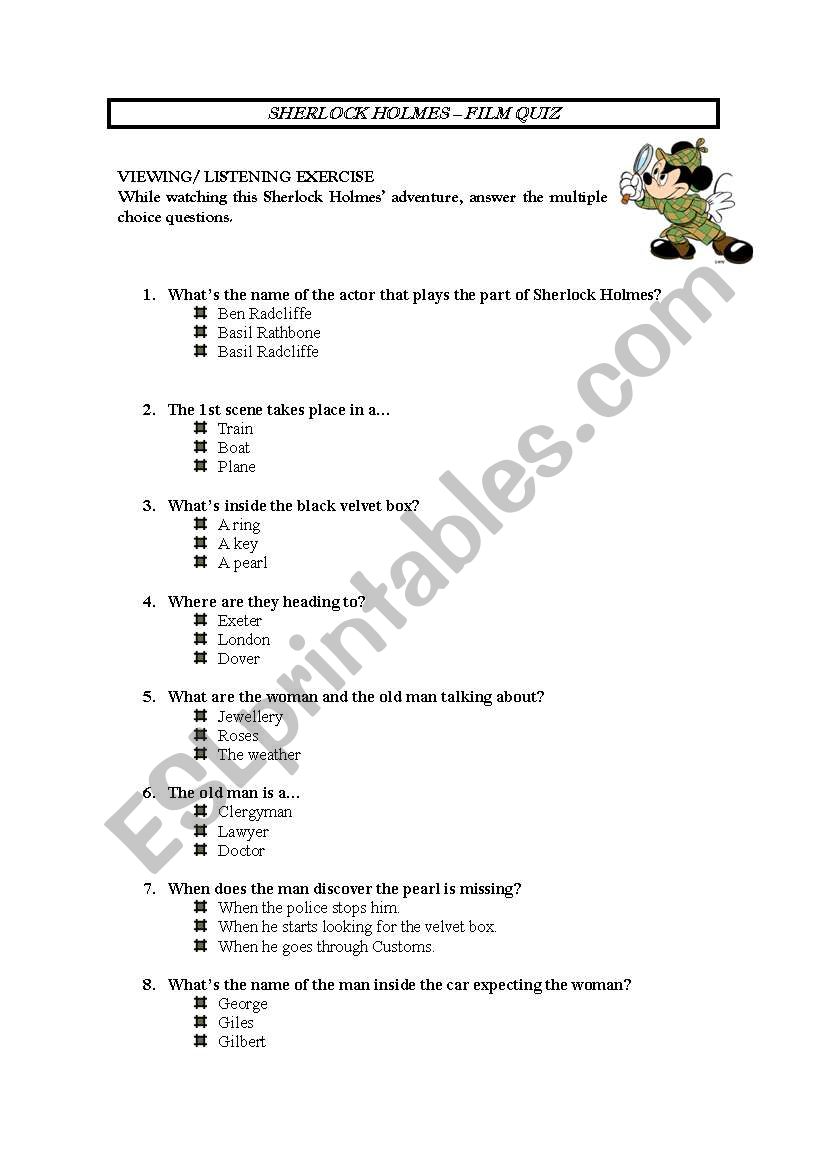 Sherlock Holmes quiz worksheet