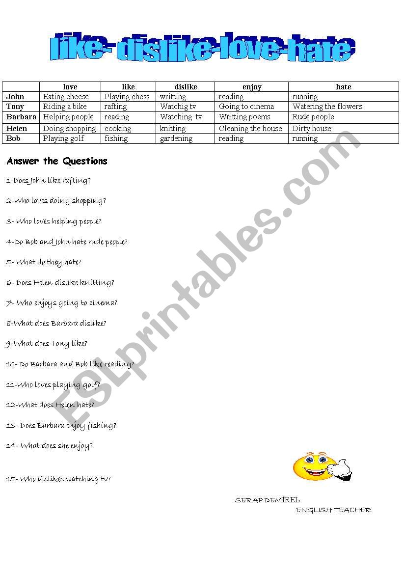 like dislike worksheet