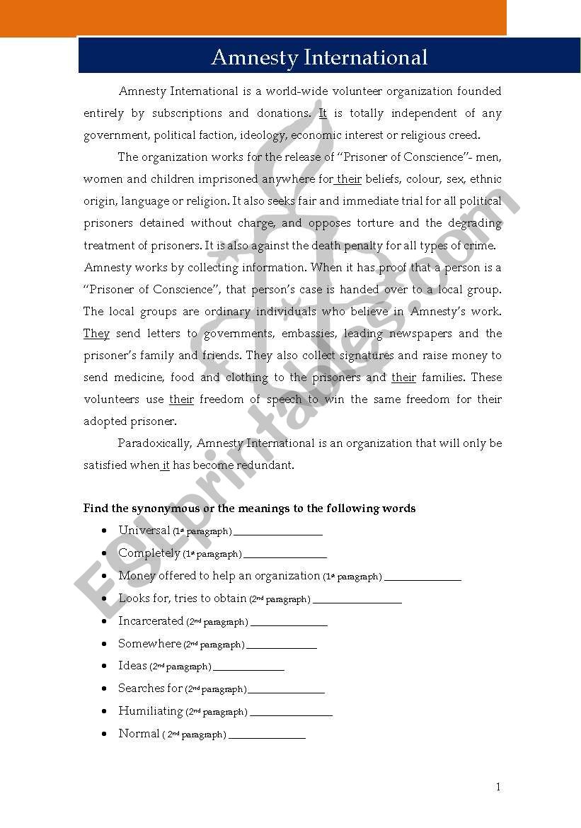 Amnesty International worksheet