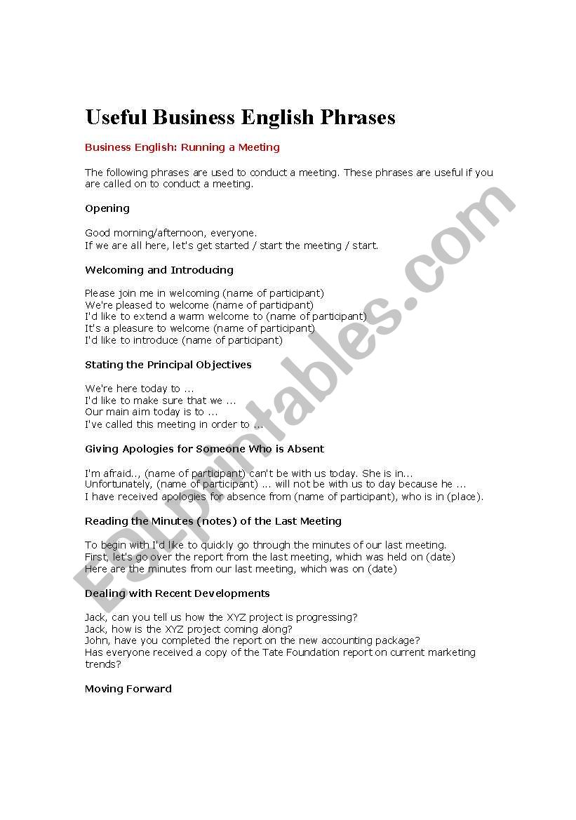 useful business phrase worksheet