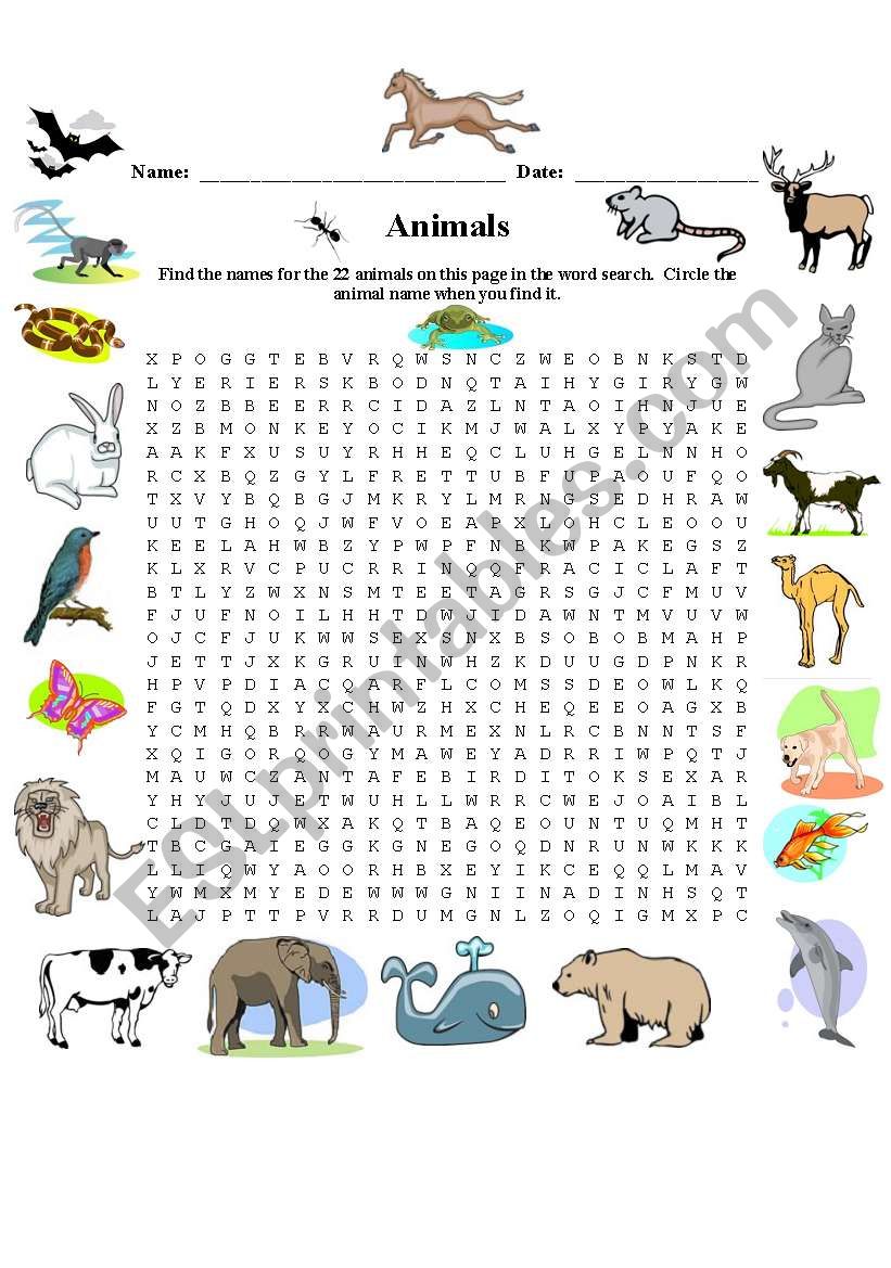 Animal Wordsearch - ESL worksheet by ehelland33