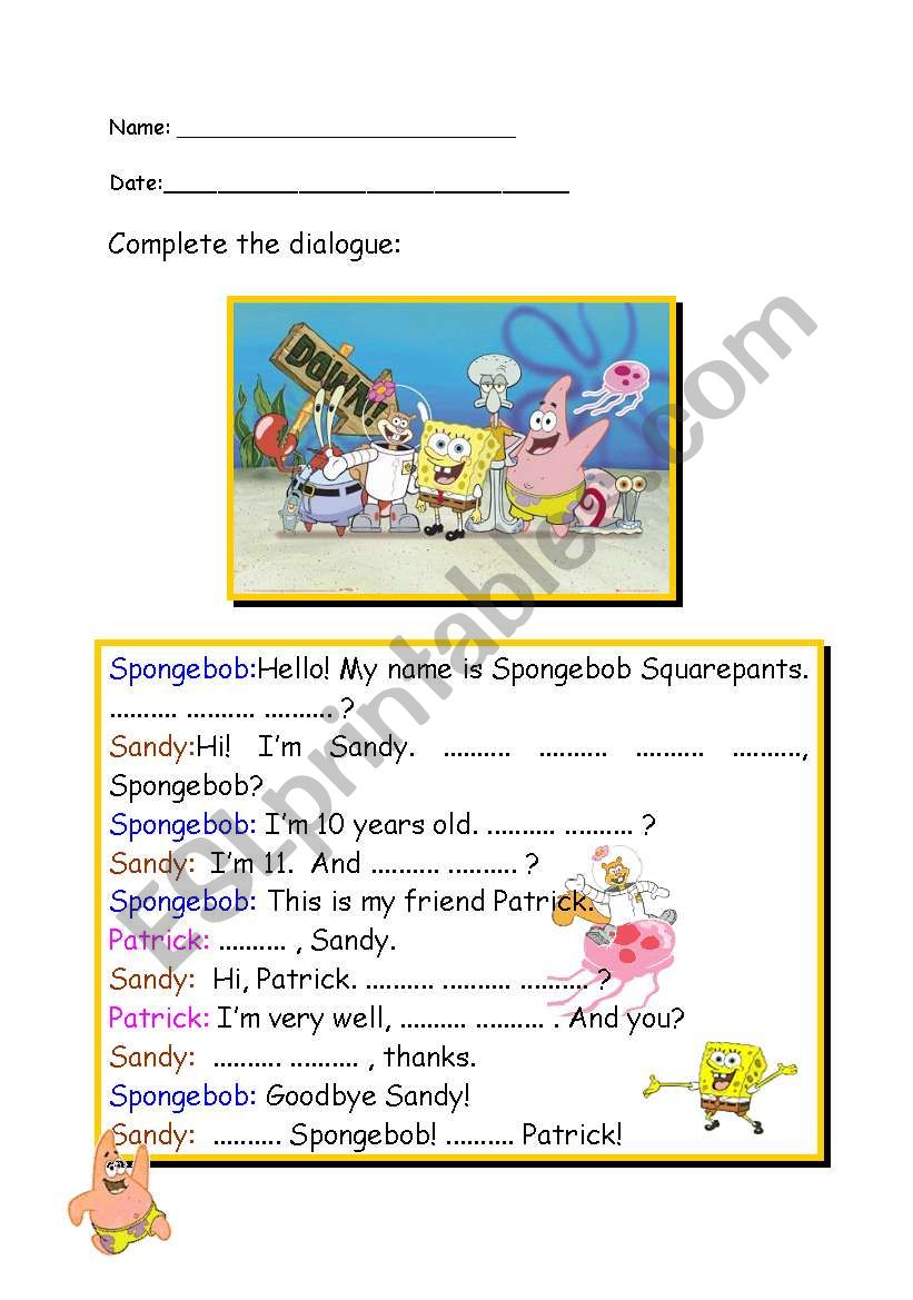 Hello Spongebob worksheet