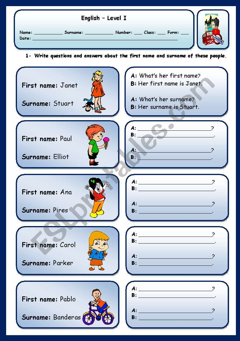 NAMES AND SURNAMES worksheet