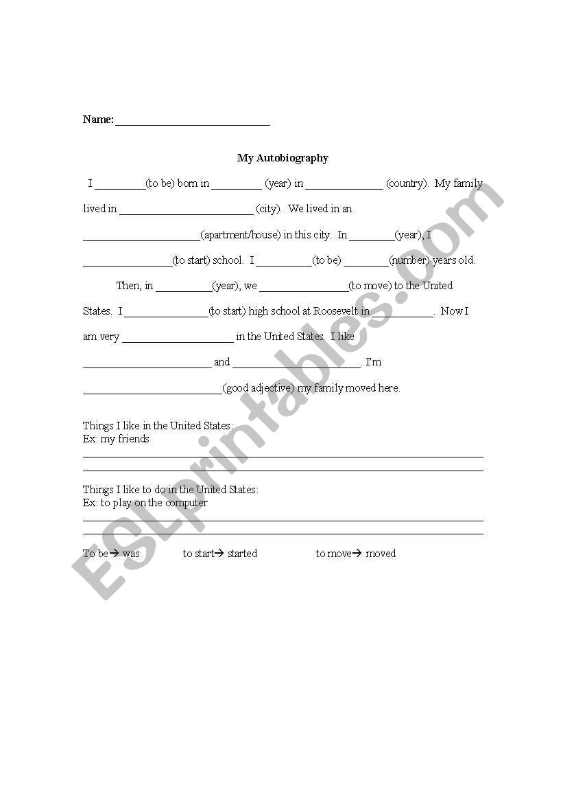 My Autobiography (Newcomers) worksheet