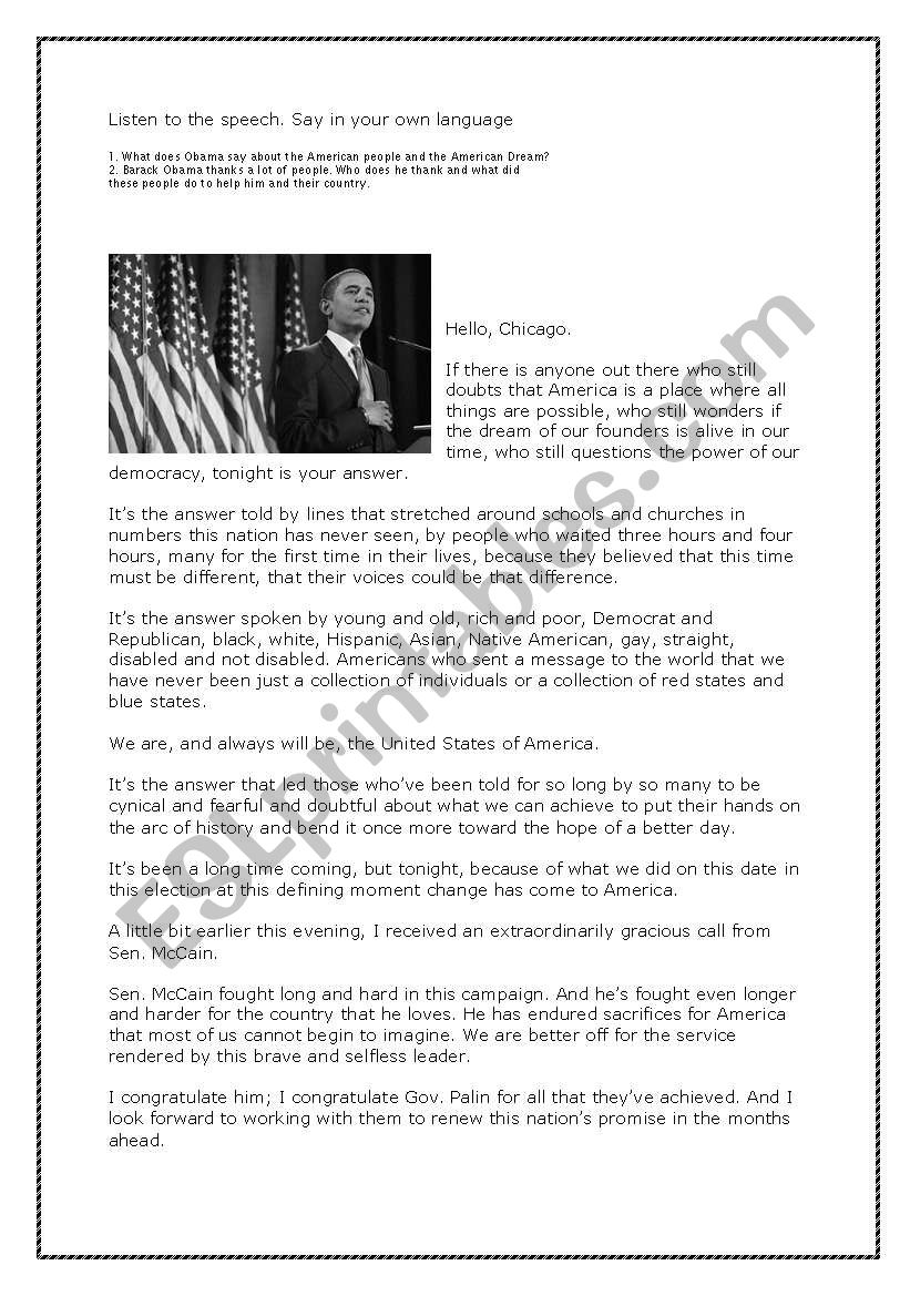 Speech Obama worksheet