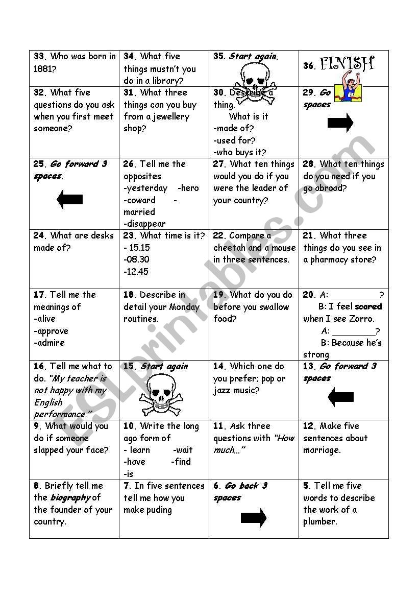 board game worksheet