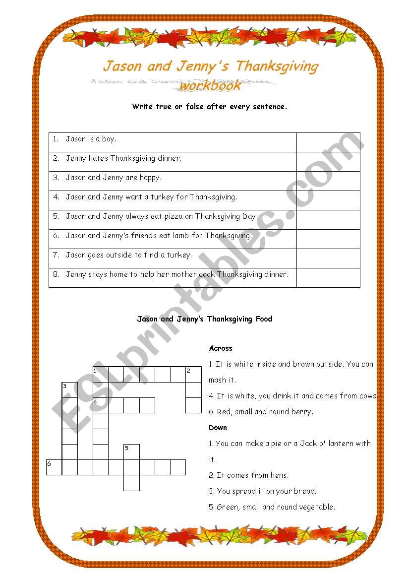 Jason and Jennys Thanksgiving  - Worksheet to Jason and Jennys story about Thanskgiving