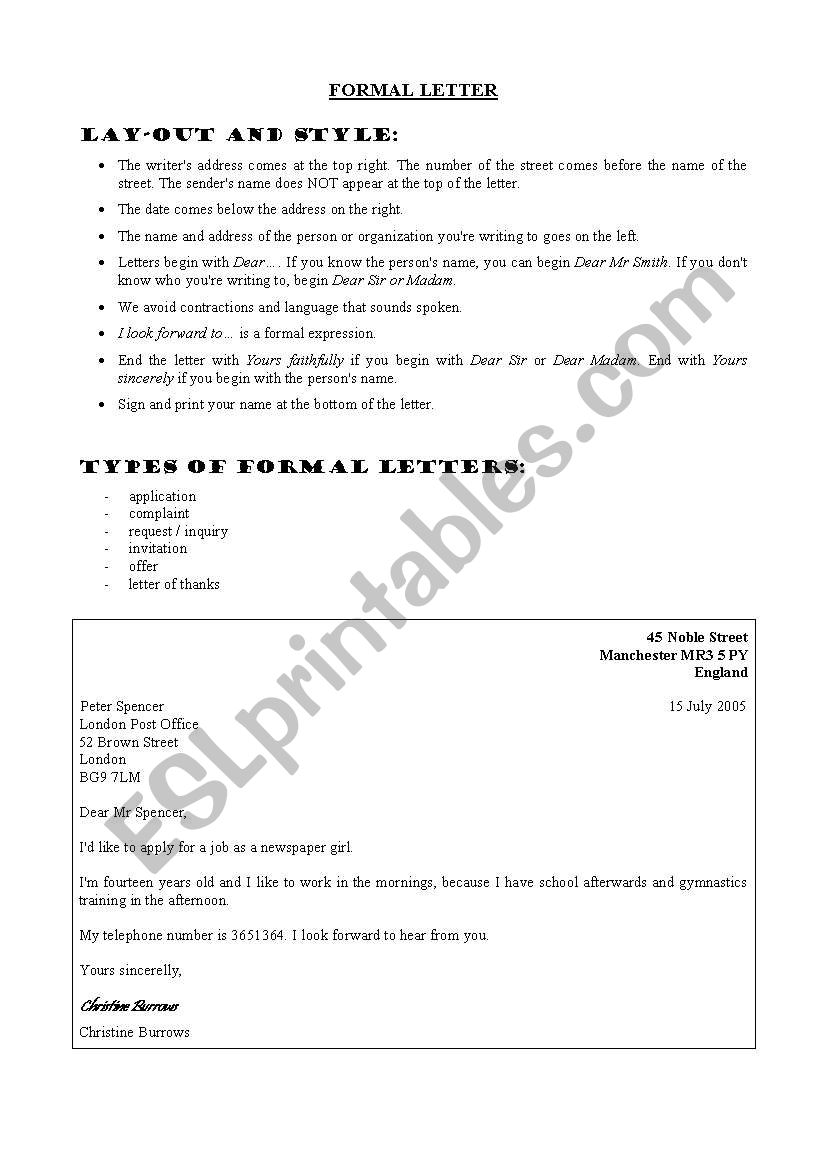 Formal letter worksheet