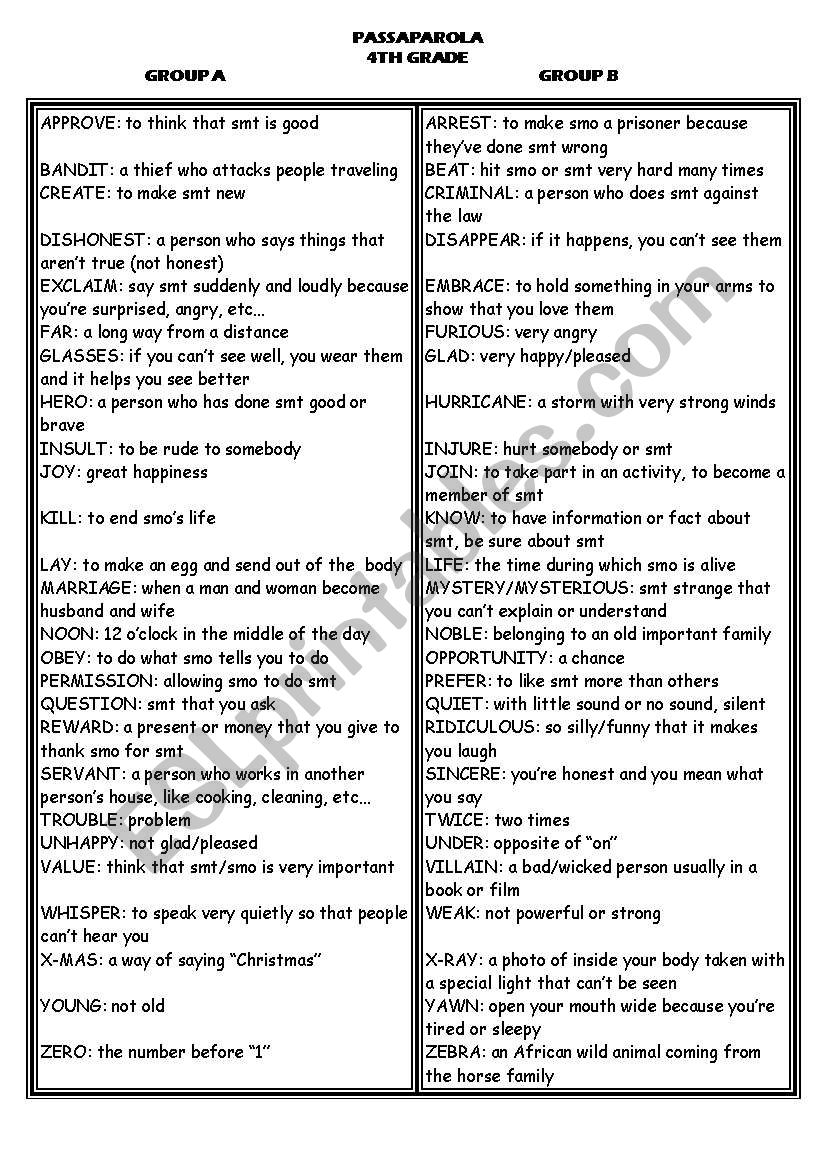 passaparola game for vocabulary