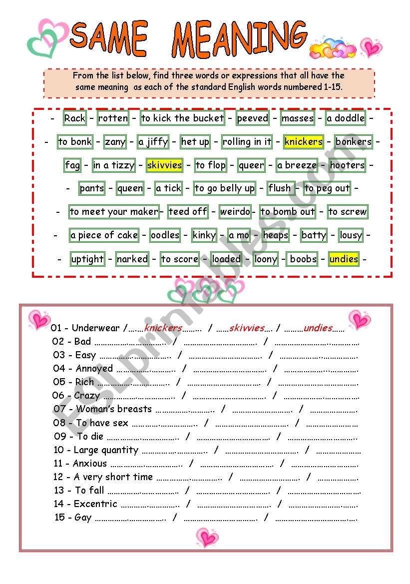 Same Meaning Sentences Worksheets