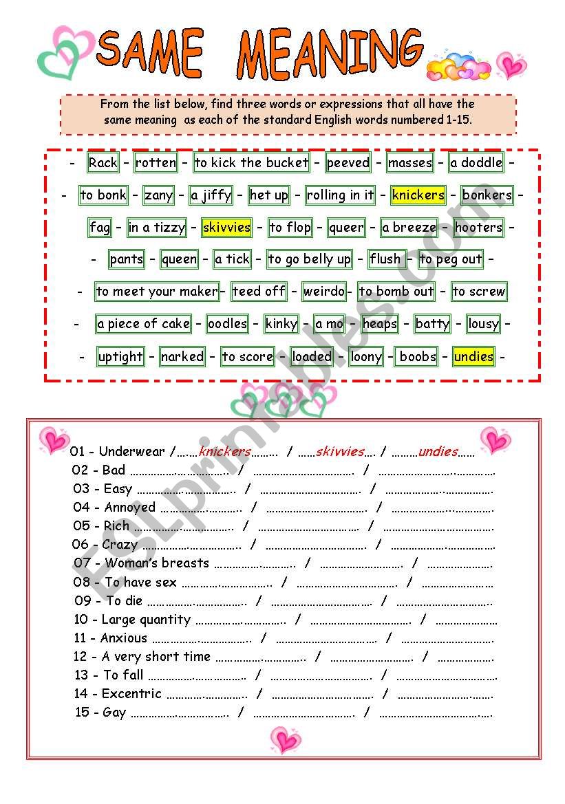Words Or Expressions That All Have The Same Meaning ESL Worksheet By Venezababi