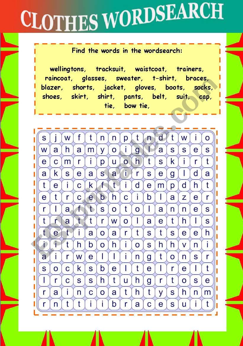 Clothes wordsearch worksheet
