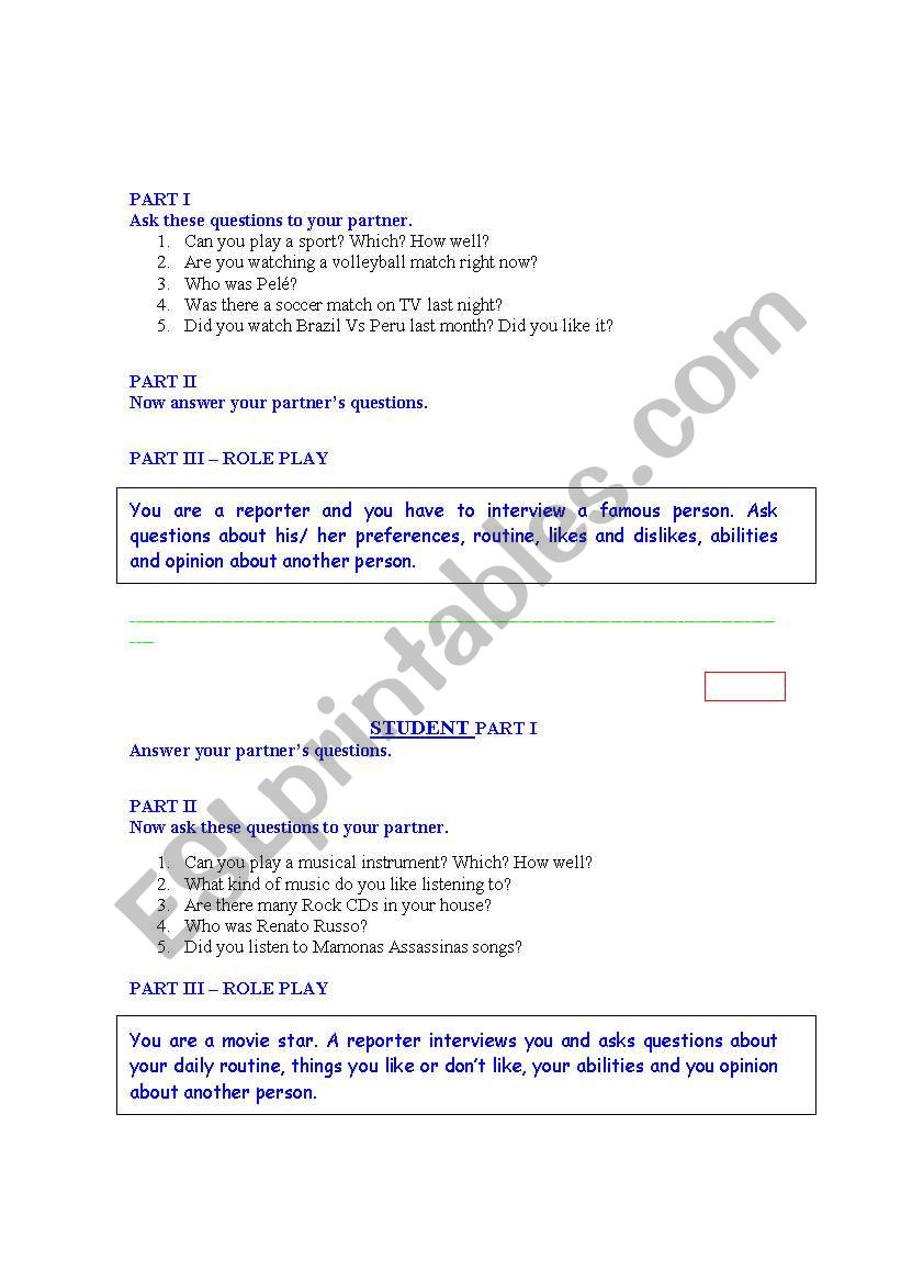 Oral exercises to do in pairs-giving special situations