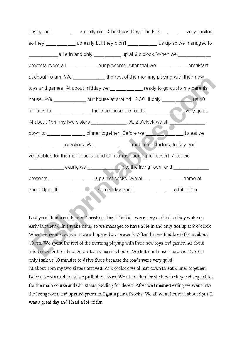 Past Simple Tense gap fill worksheet