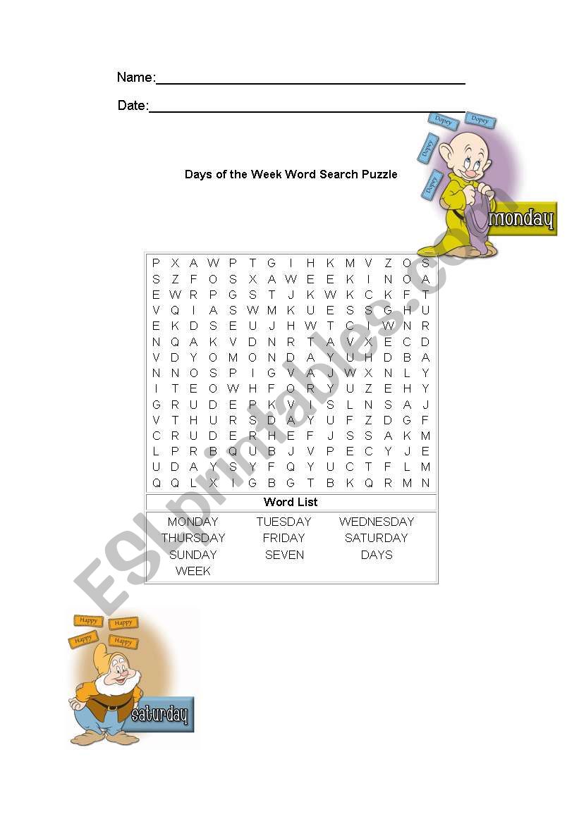 Days of the week word search worksheet