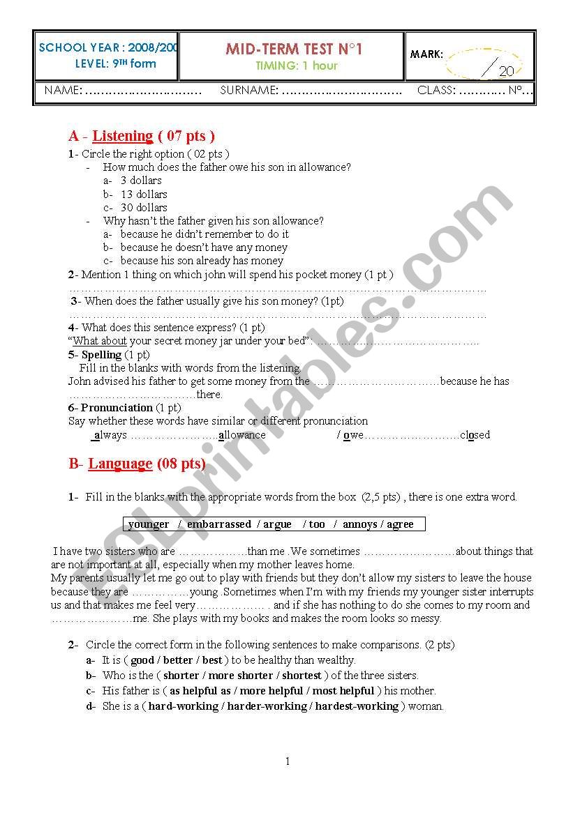 An english test worksheet