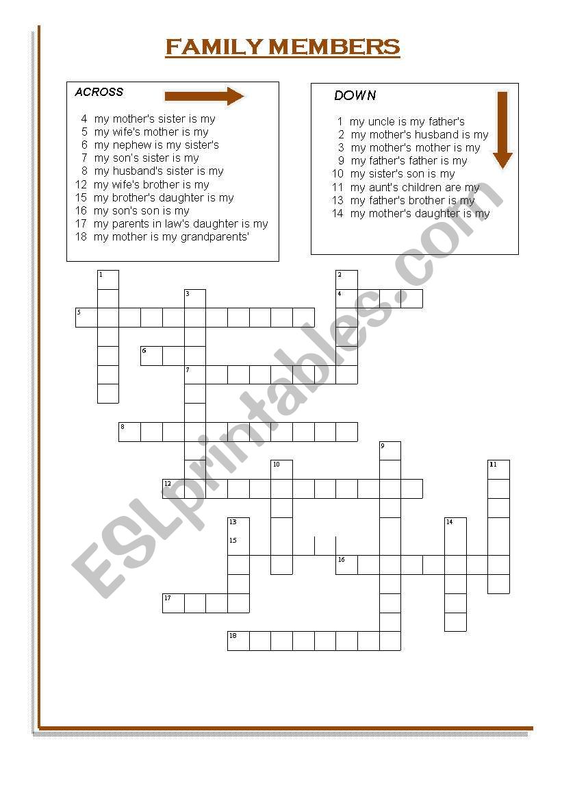 FAMILY MEMBERS CROSSWORD worksheet