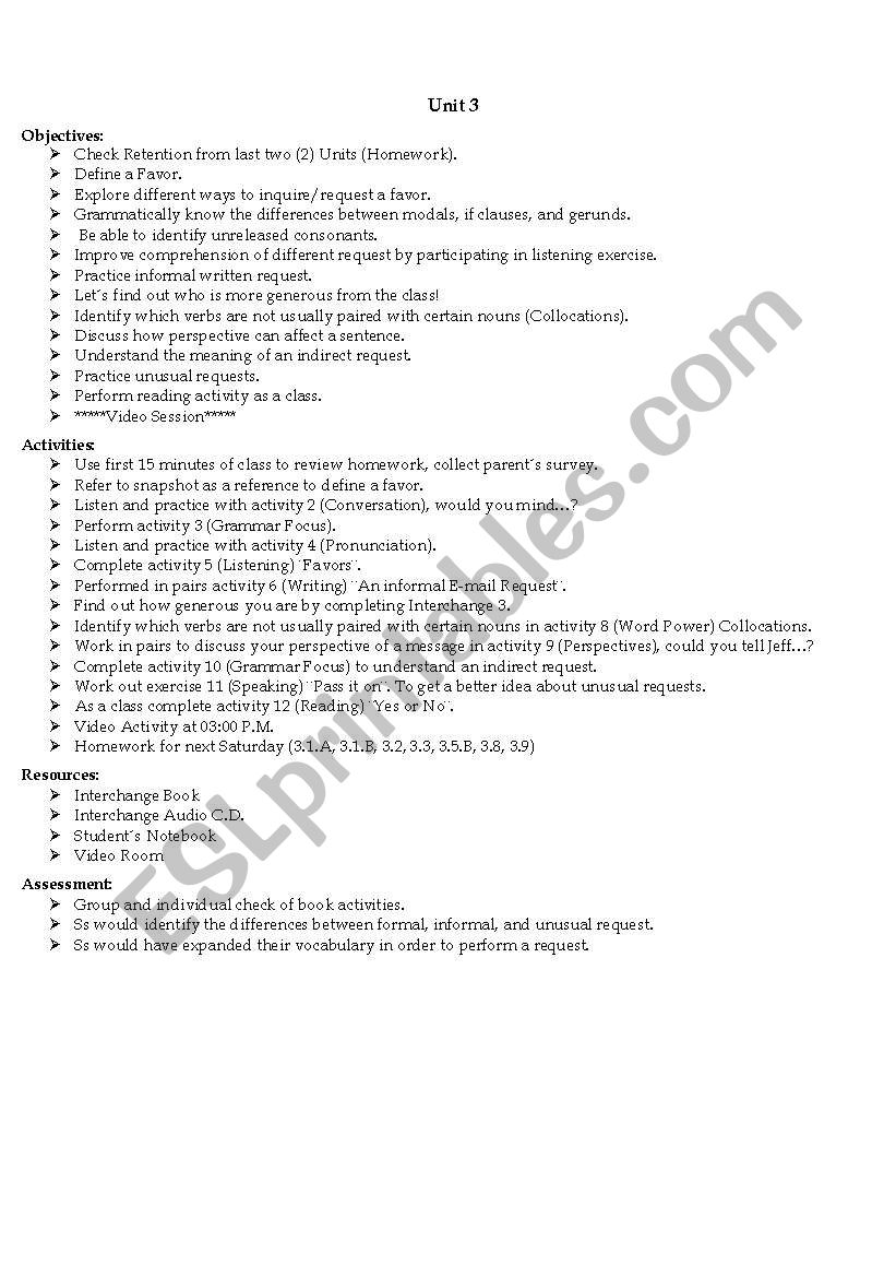 Interchange 3 Lesson Plan worksheet