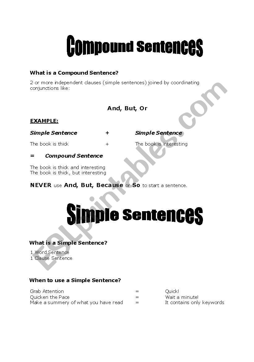 Compound And Simple Sentences worksheet