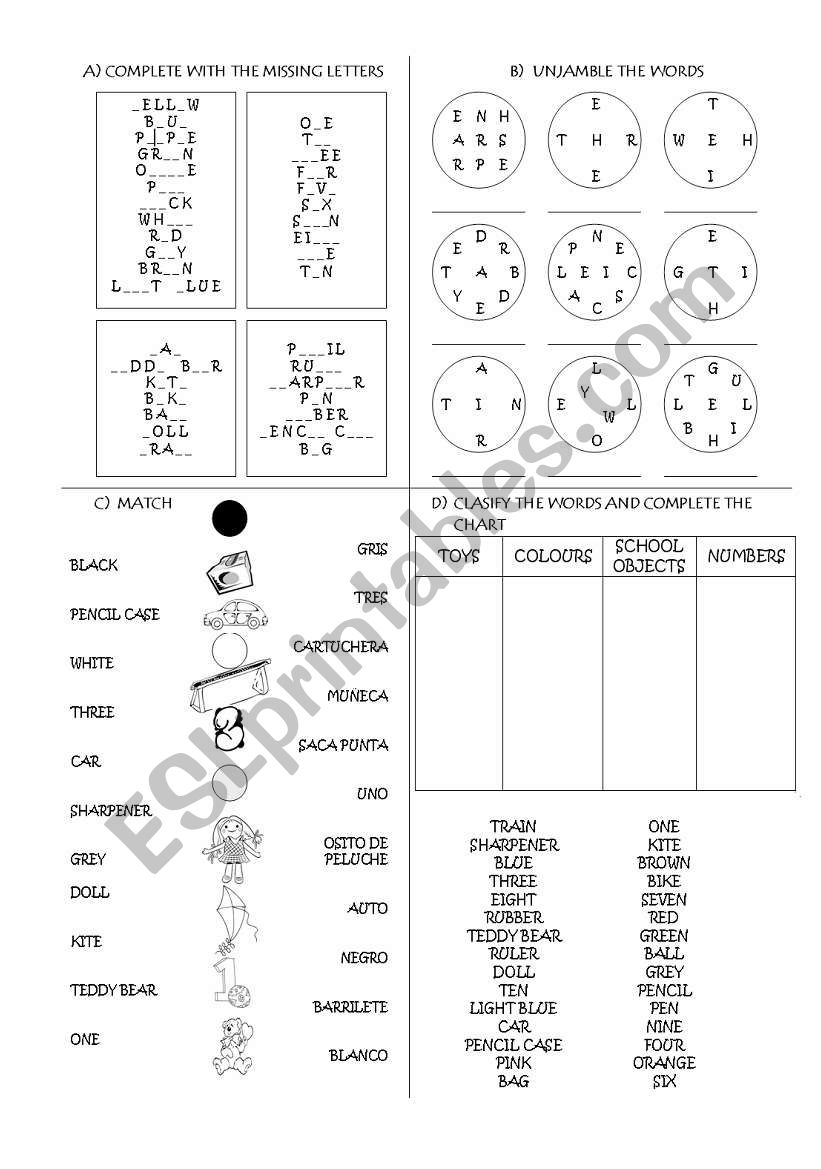 Revision of Vocabulary for elementary school: colours, toys, numbers and school objects