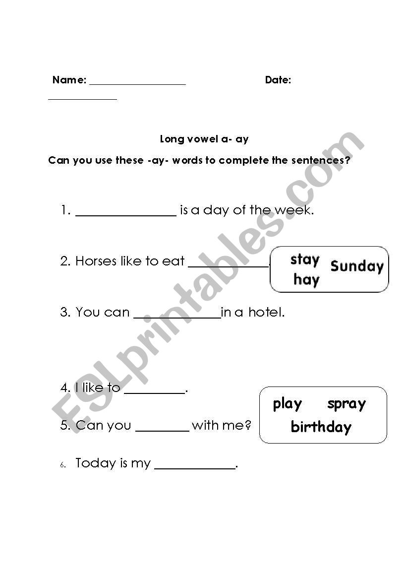 long vowel - ay worksheet