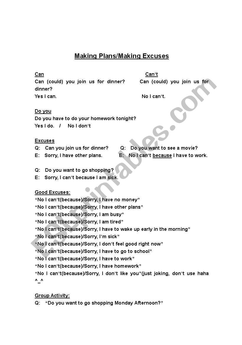 Making Plans/Making Excuses worksheet