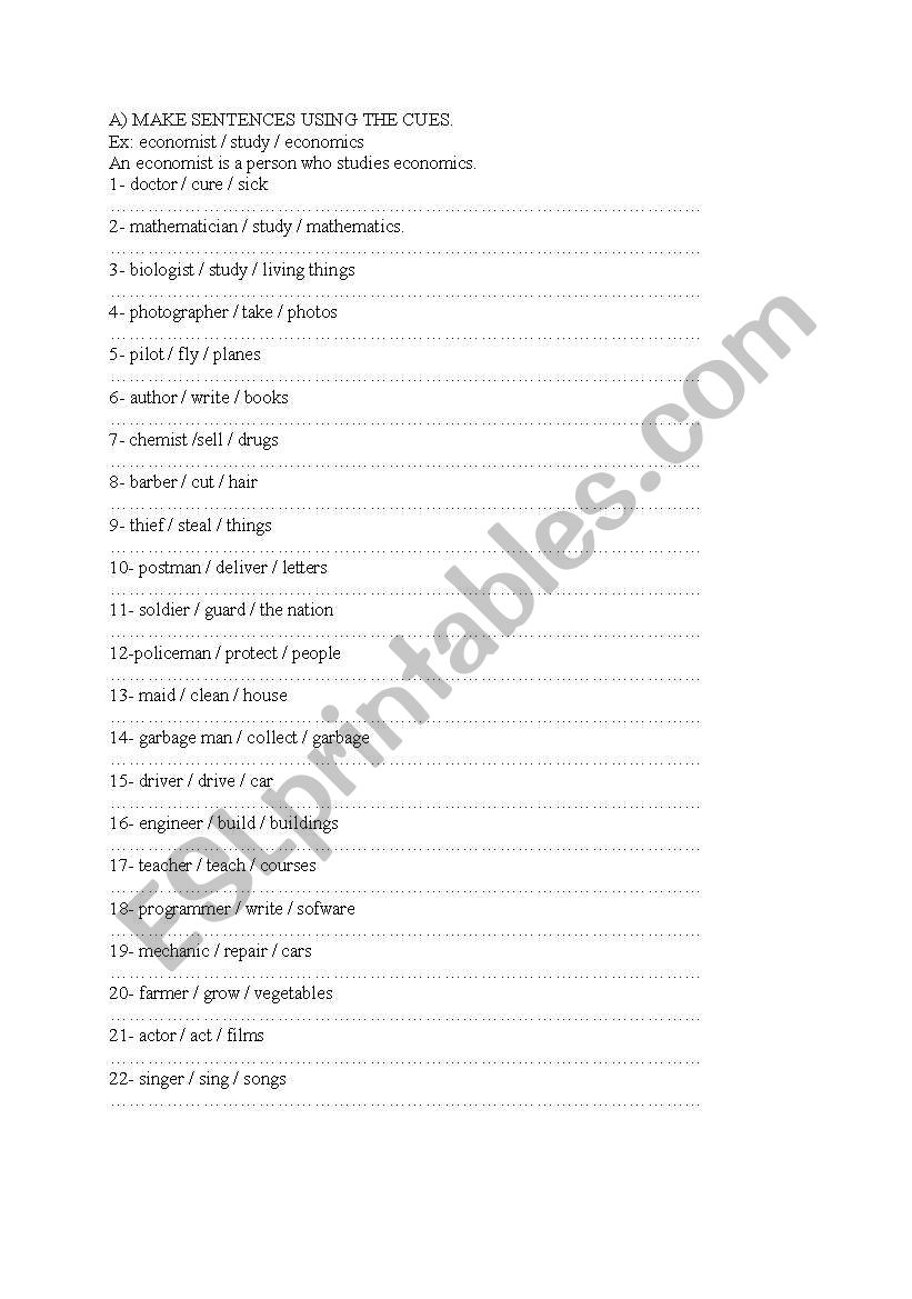 relative sentences with jobs worksheet