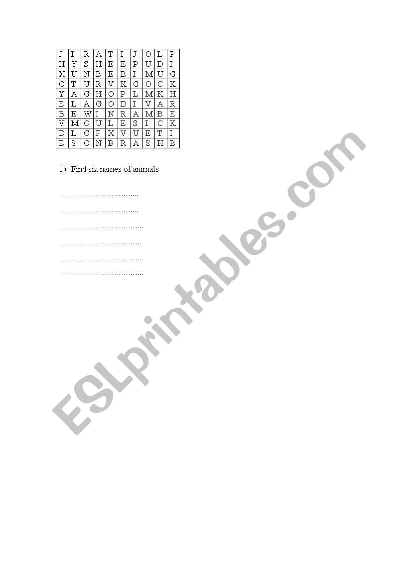 Find the name of animals worksheet
