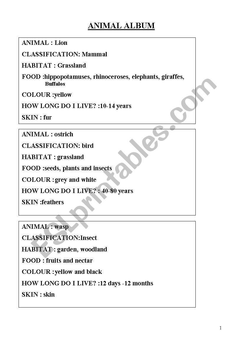 Animal Album worksheet