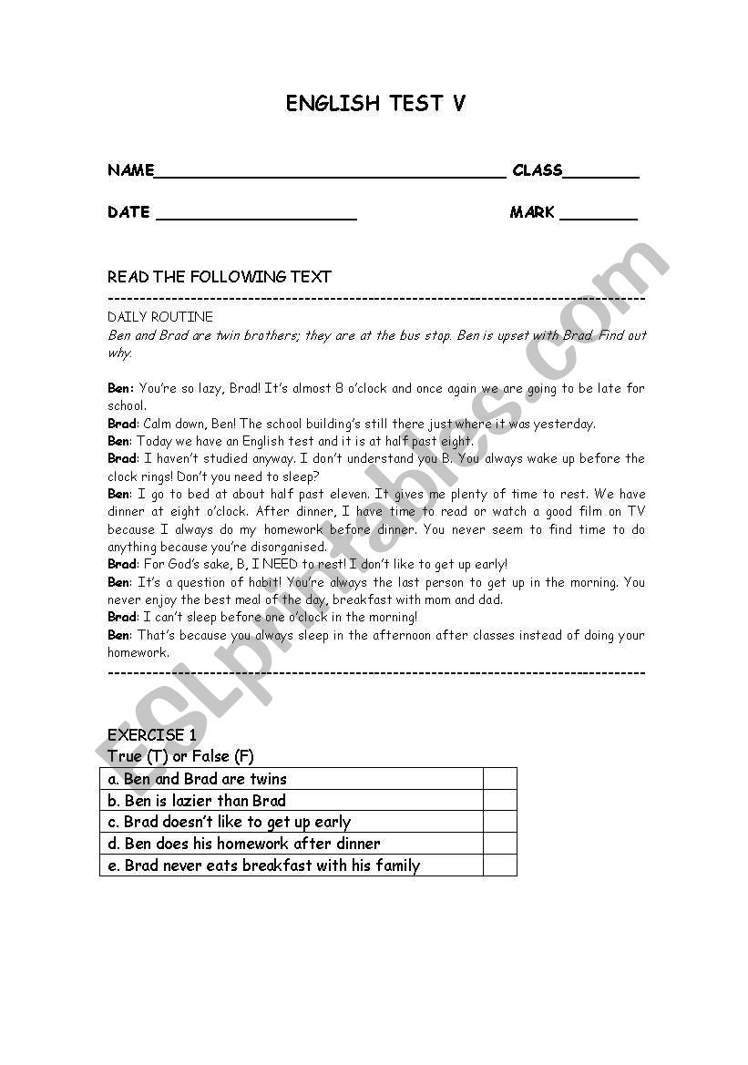 English test worksheet