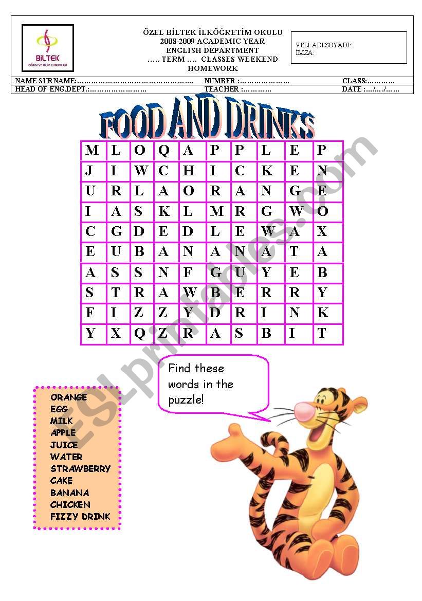 Food and Drinks Wordsearch worksheet