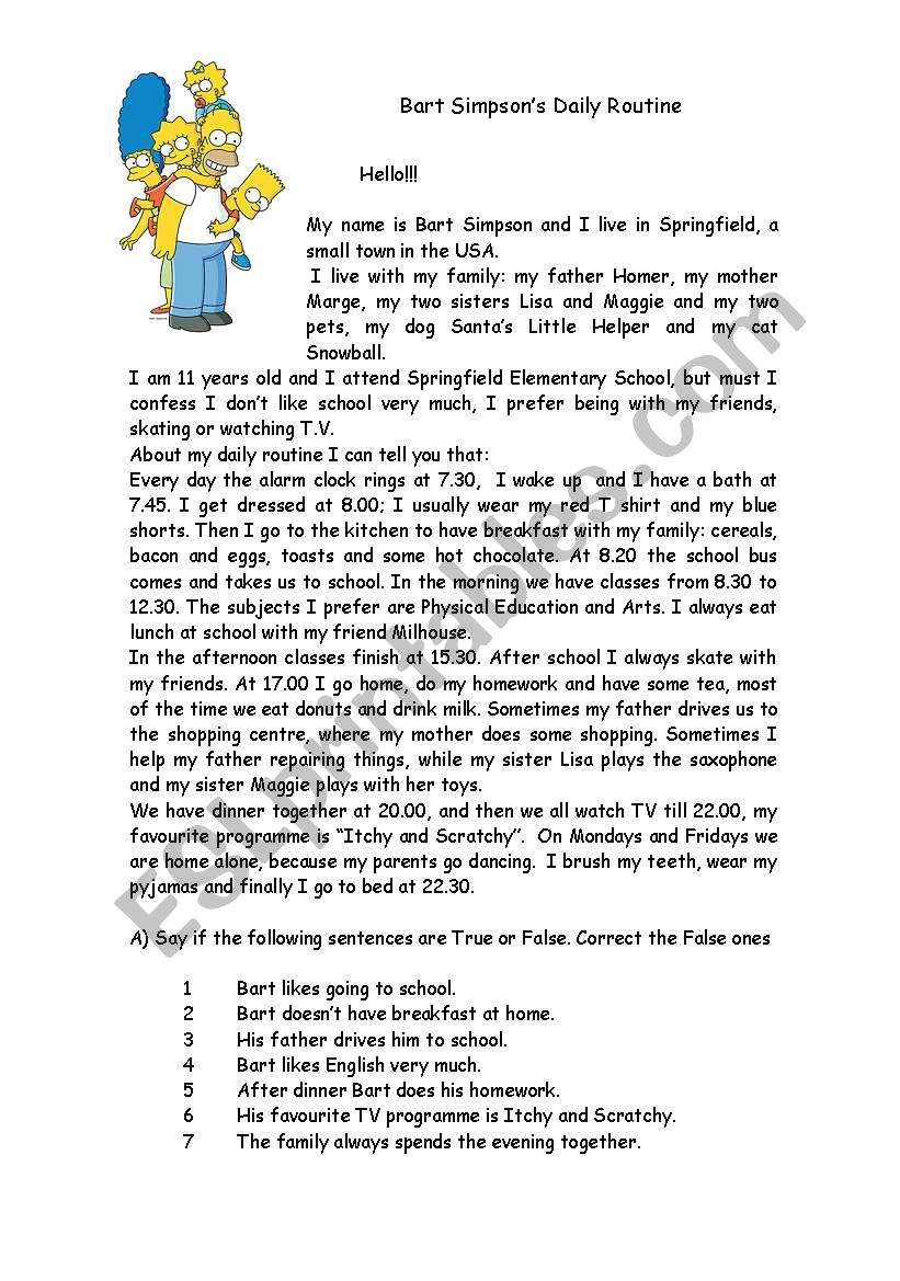 Bart Simpsons daily routine worksheet