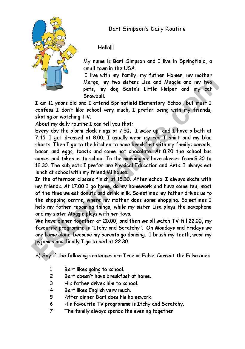 Bart SimpsonÂ´s daily routine worksheet