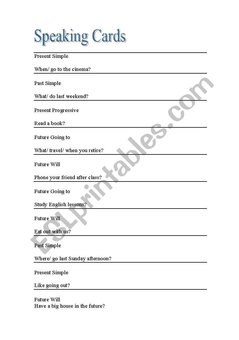 Speaking cards worksheet