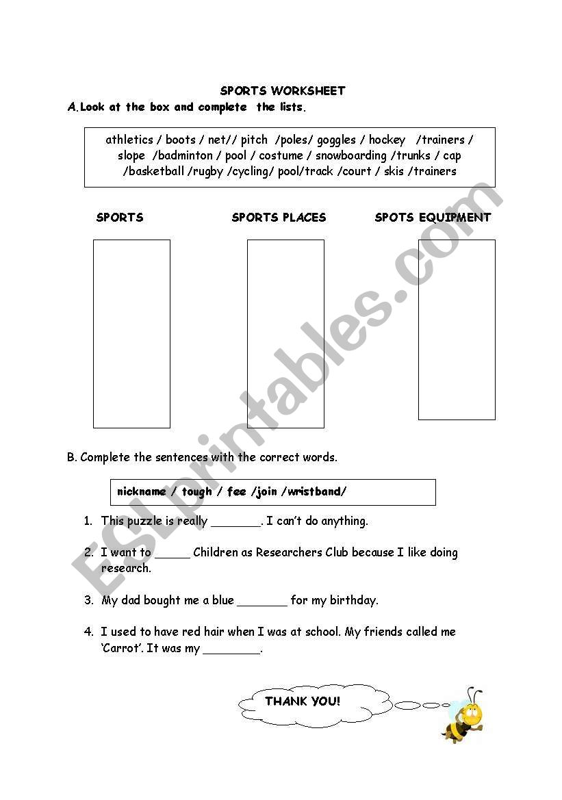 SPORTS AND EQUIPMENTS worksheet