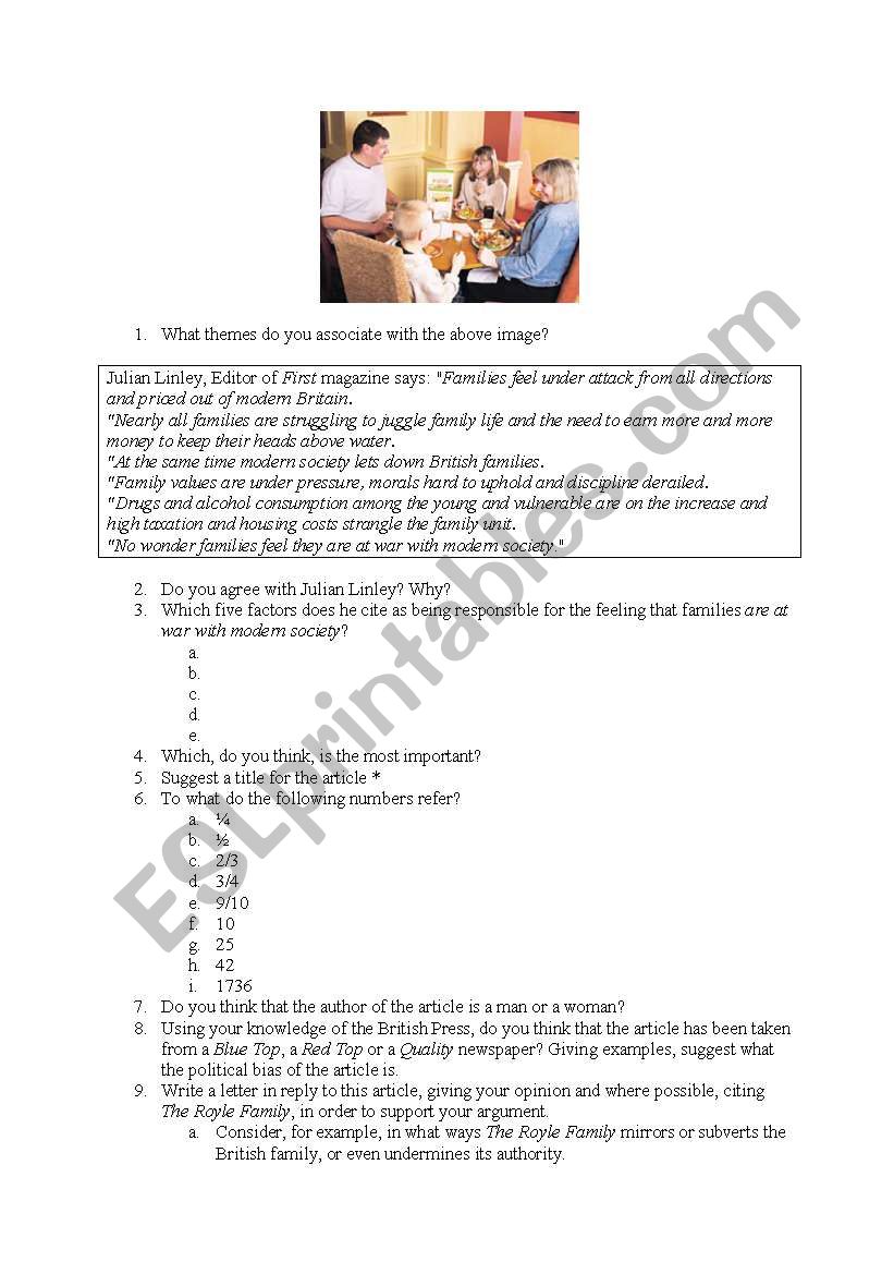 Family Values worksheet