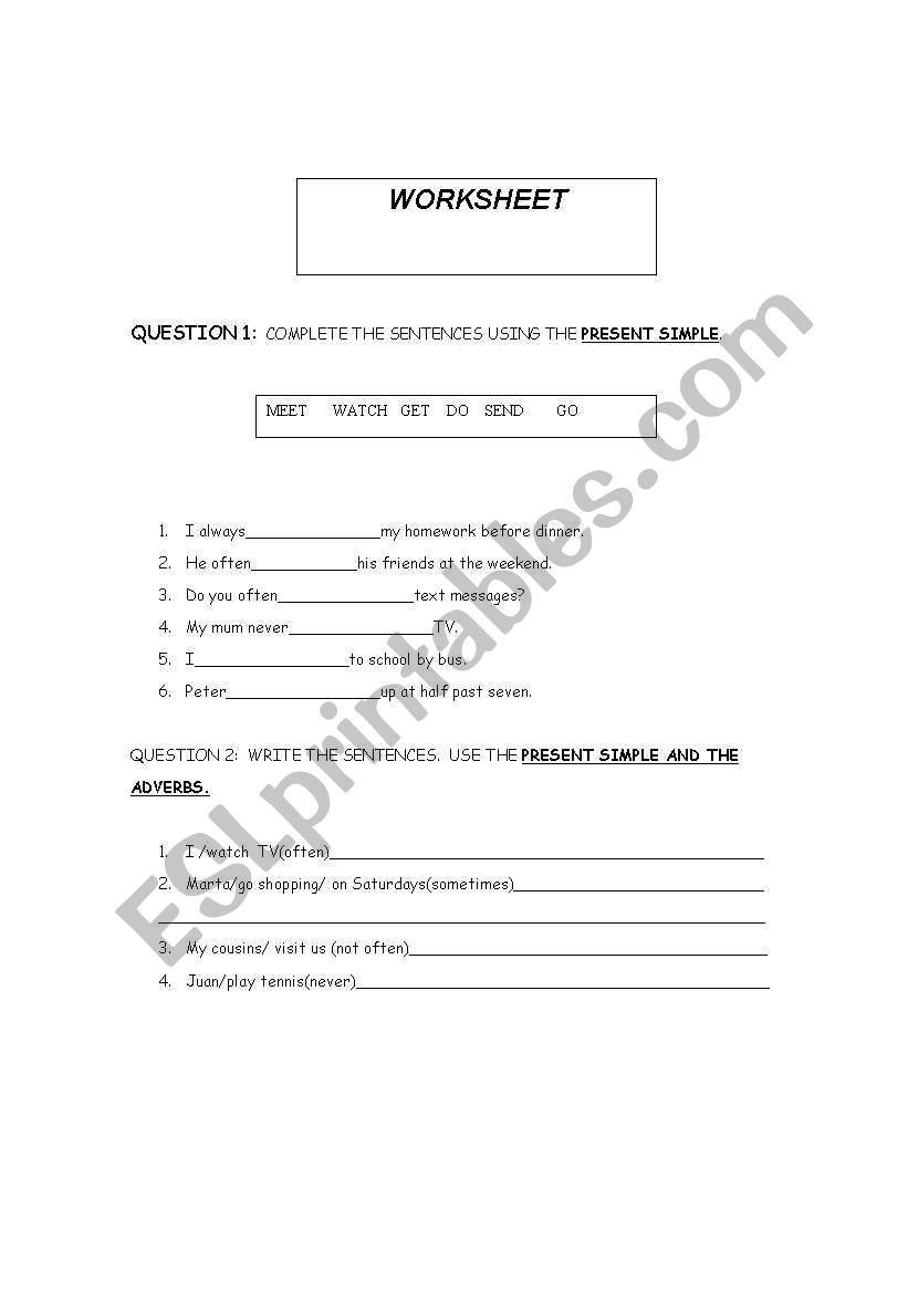 Worksheet Present Simple and Adverbs of Frequency