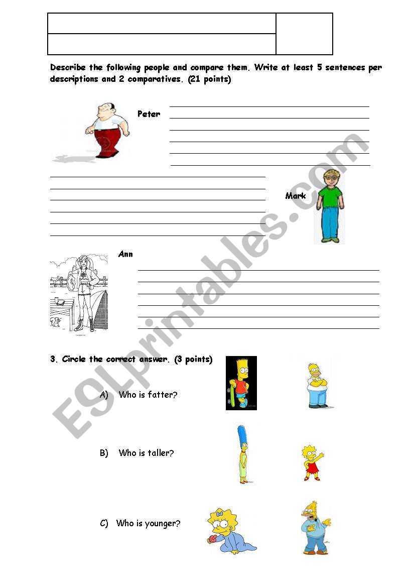 Descriptions and comparatives worksheet