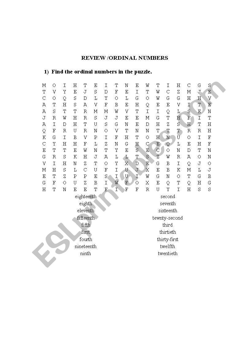 Review-ordinal numbers worksheet