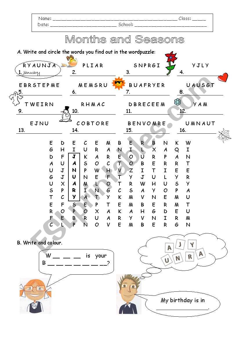 Months and seasons worksheet