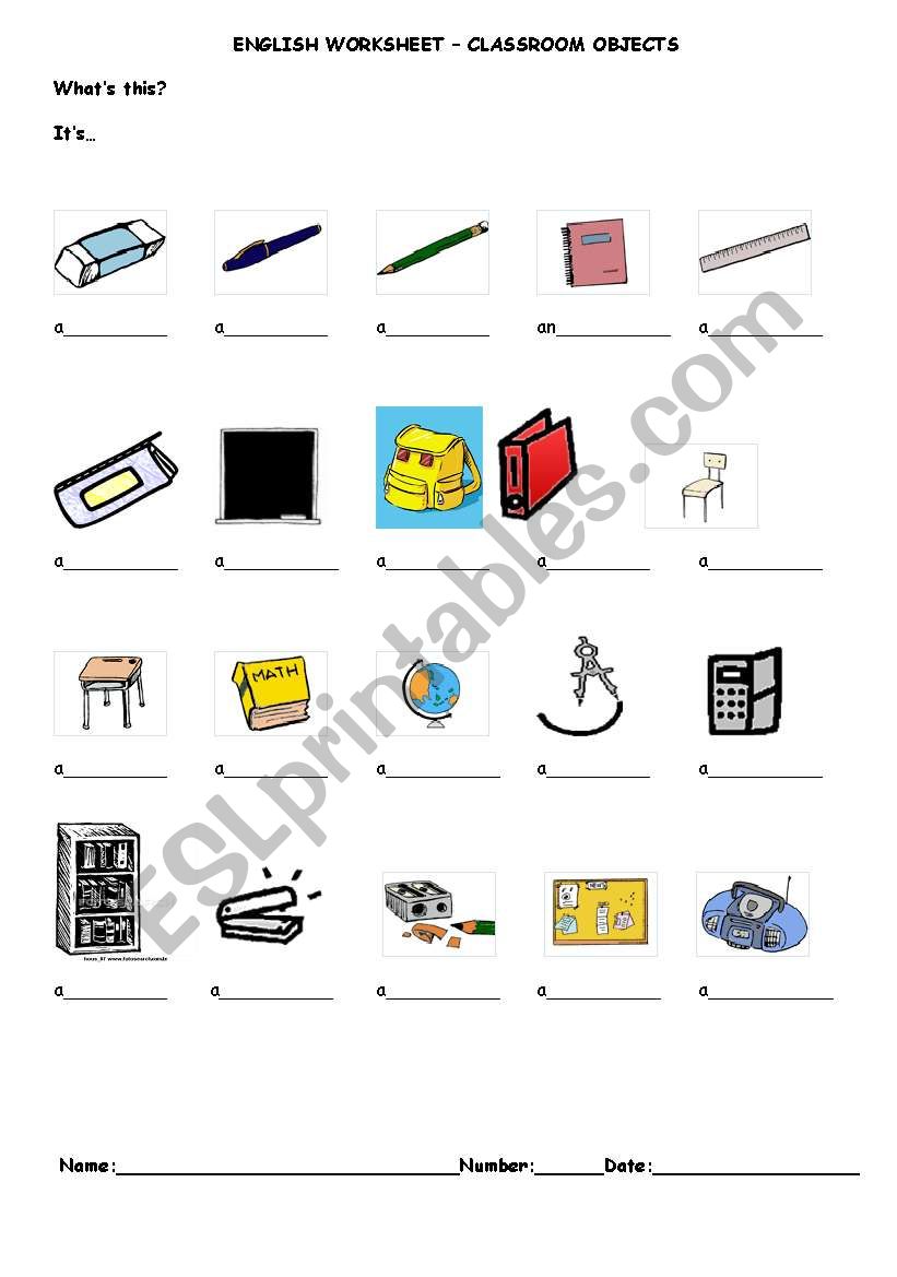 Classroom objects and indefinite article